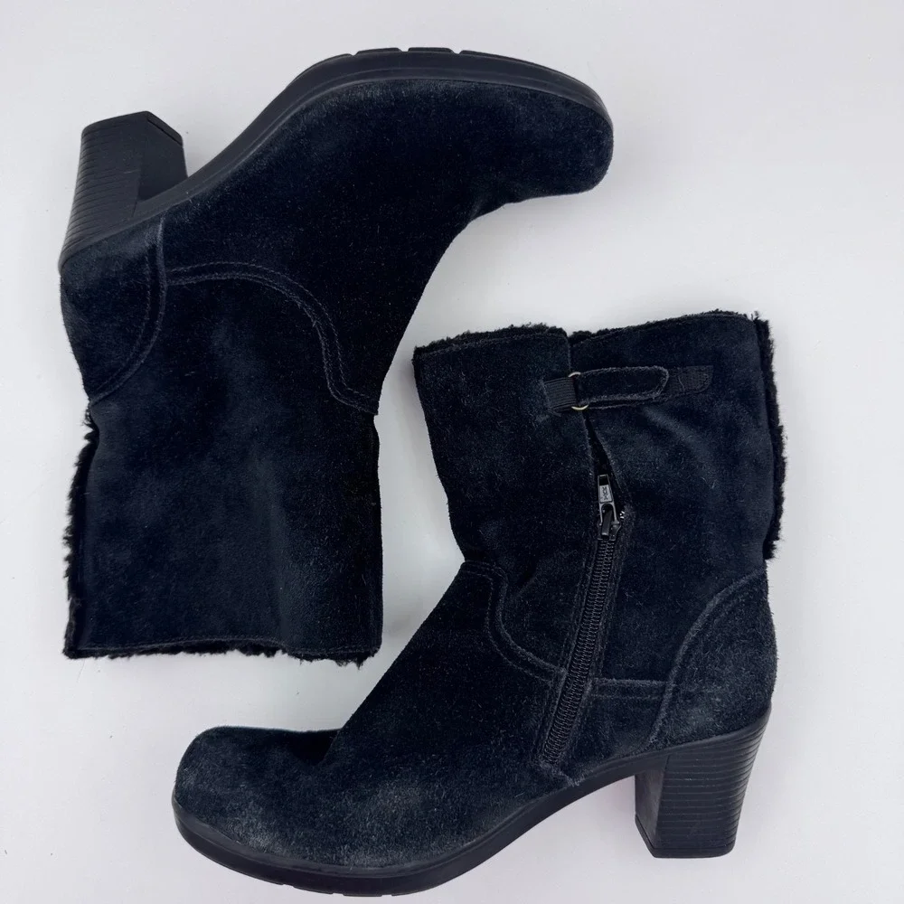 Clarks Womens Black Suede Faux‎ Fur Lined Ankle Boots Block Heel Size 7W 39384